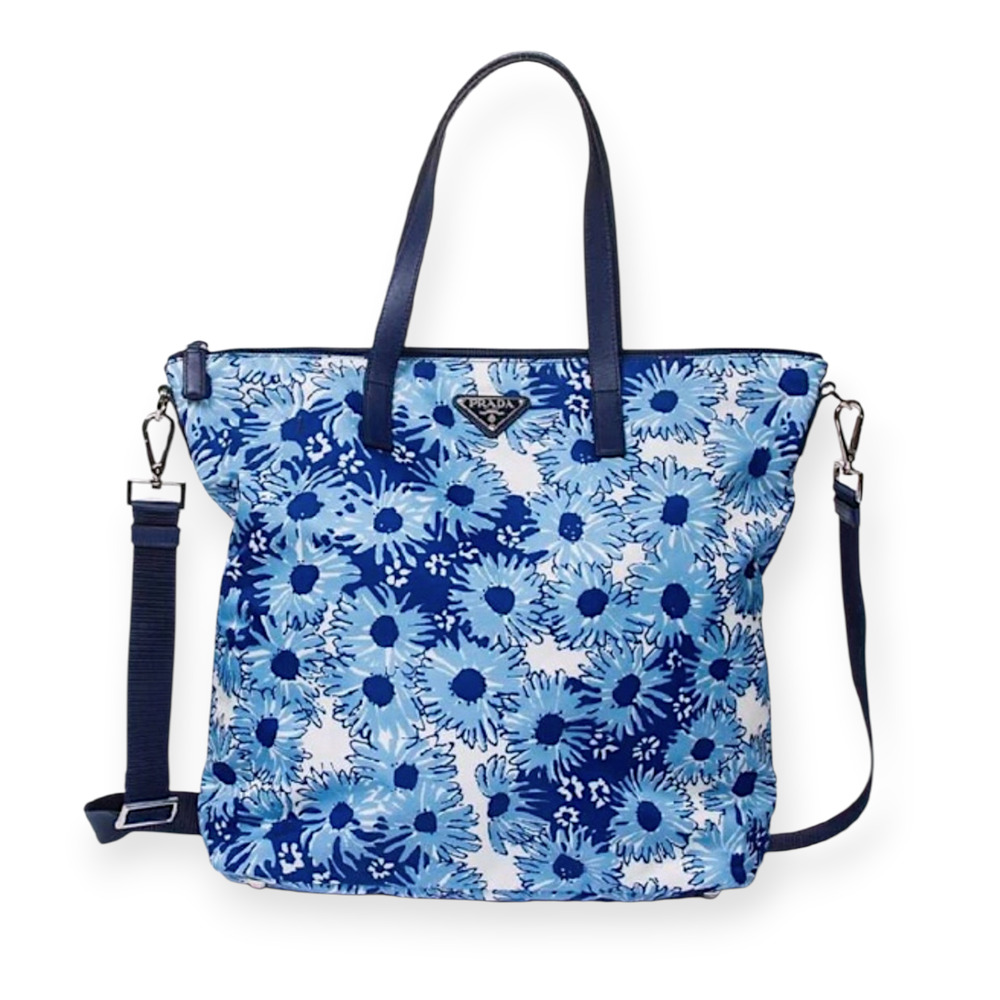 Prada Blue Saffiano Tessuto Zainetto Stampata Floral‎ Nylon Leather Tote Bag